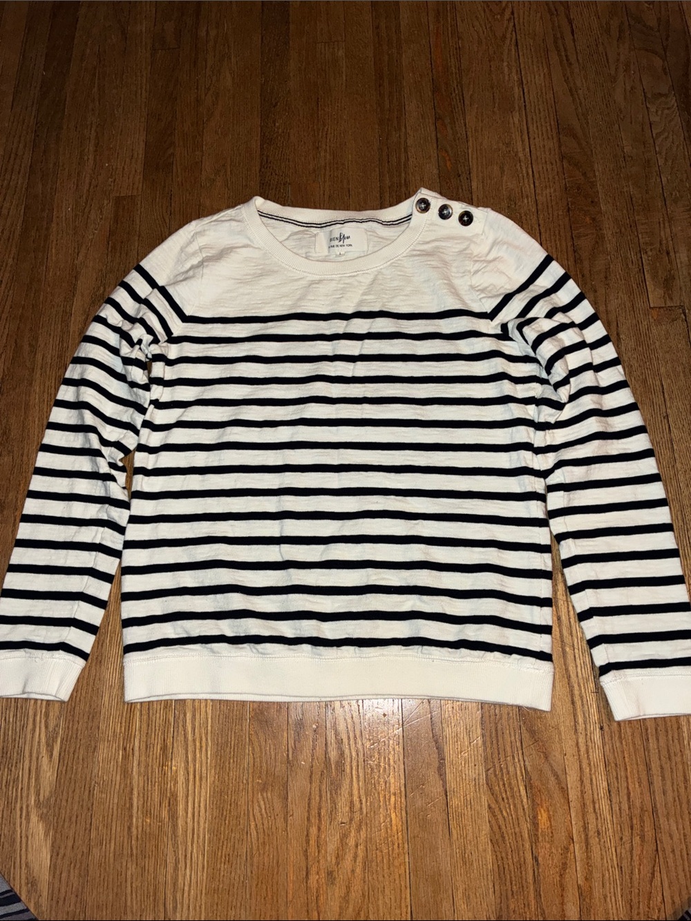 Bien Bleu Black & White Striped Crewneck Sweater with Shoulder Anchor Buttons